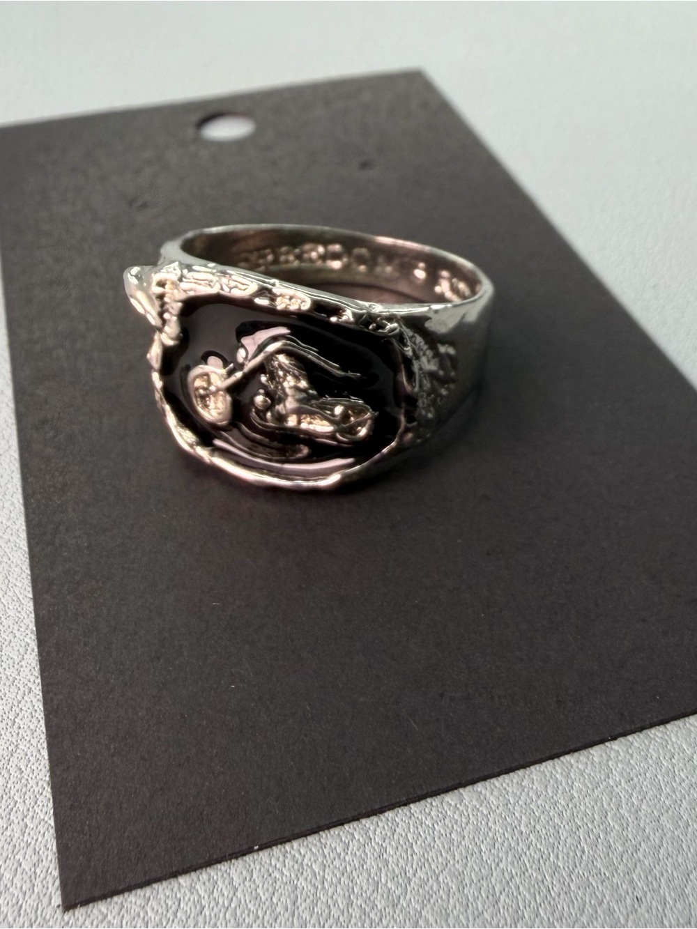 Men's Silver-Tone Black Enamel Sculpted Signet Ring -Freedom Ride